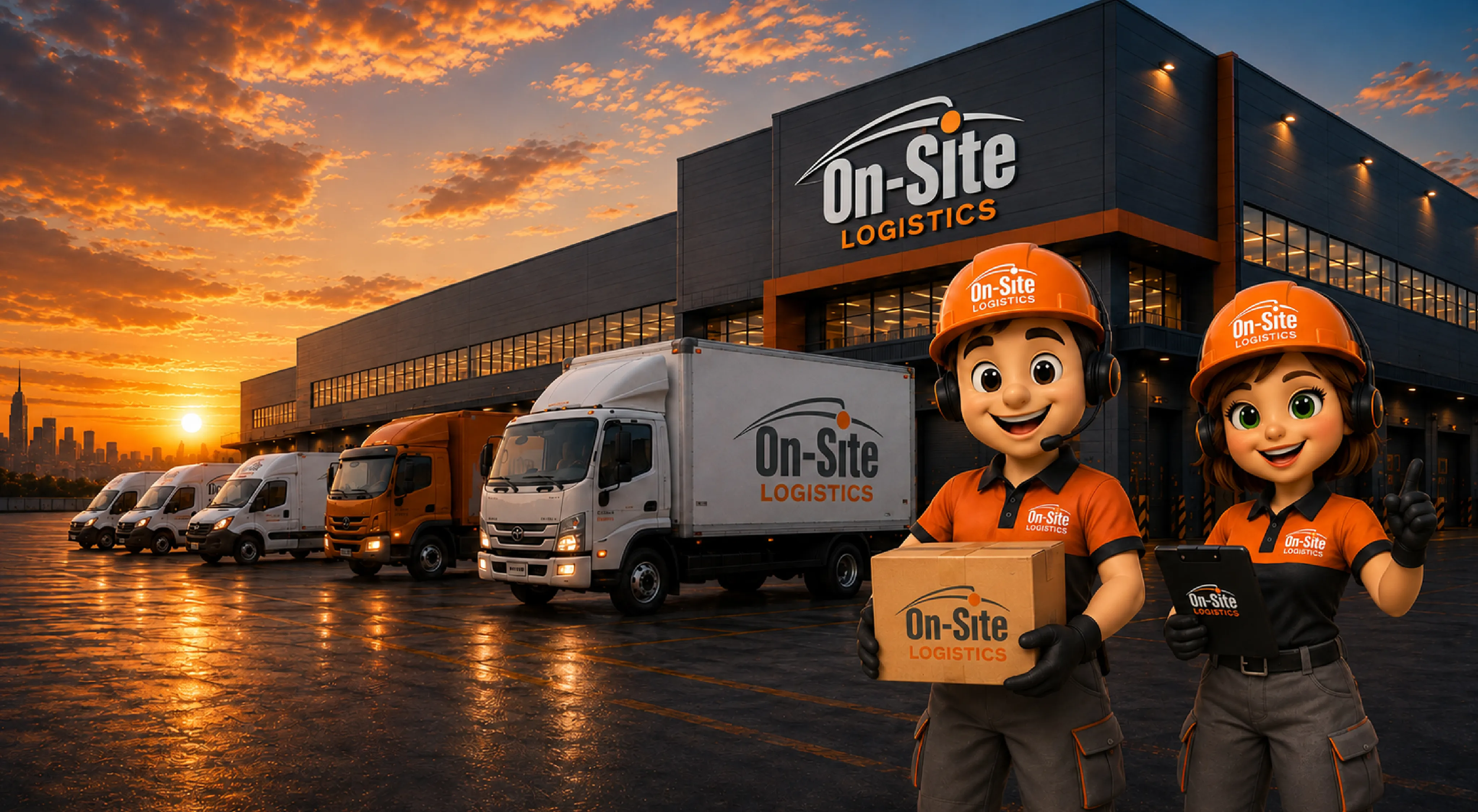 Flota de On-Site Logistics en un centro de distribución al atardecer
